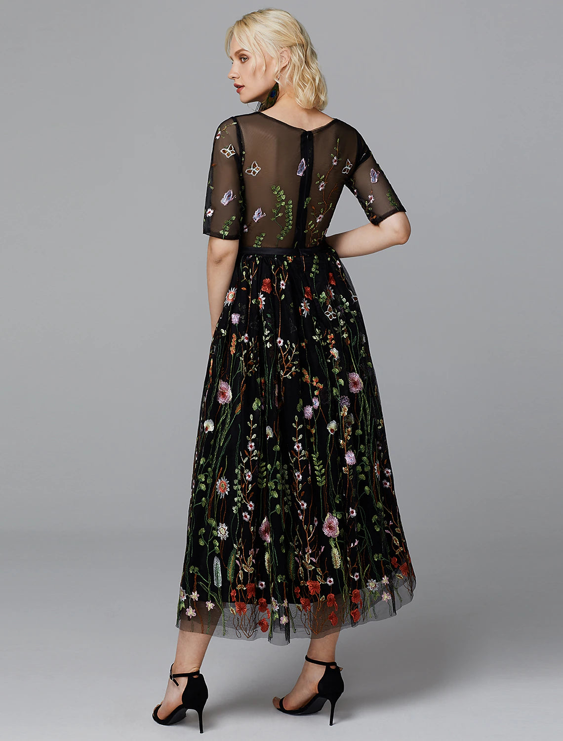 wholesale  A-Line Floral Dress Holiday Wedding Guest Tea Length Half Sleeve Illusion Neck Lace with Embroidery Appliques