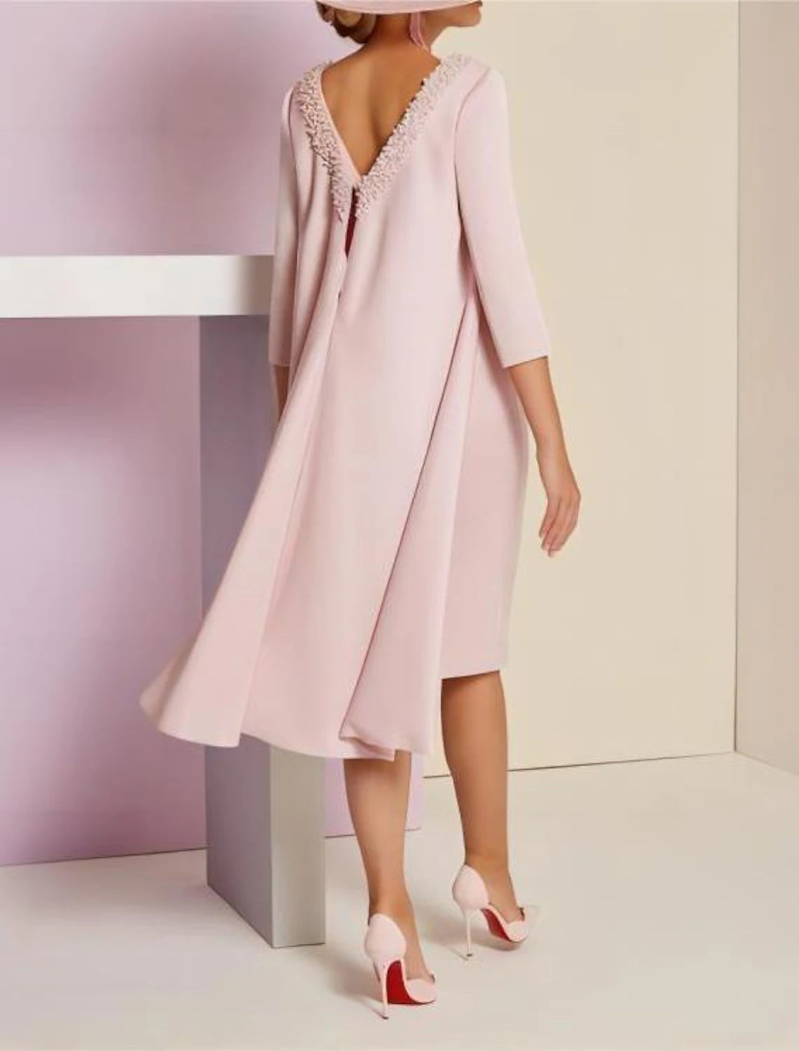 Wholesa  Two Piece Sheath / Column Mother of the Bride Dress Formal Wedding Guest Elegant Jewel Neck Knee Length Sequined Italy Satin 3/4 Length Sleeve with Crystals Beading