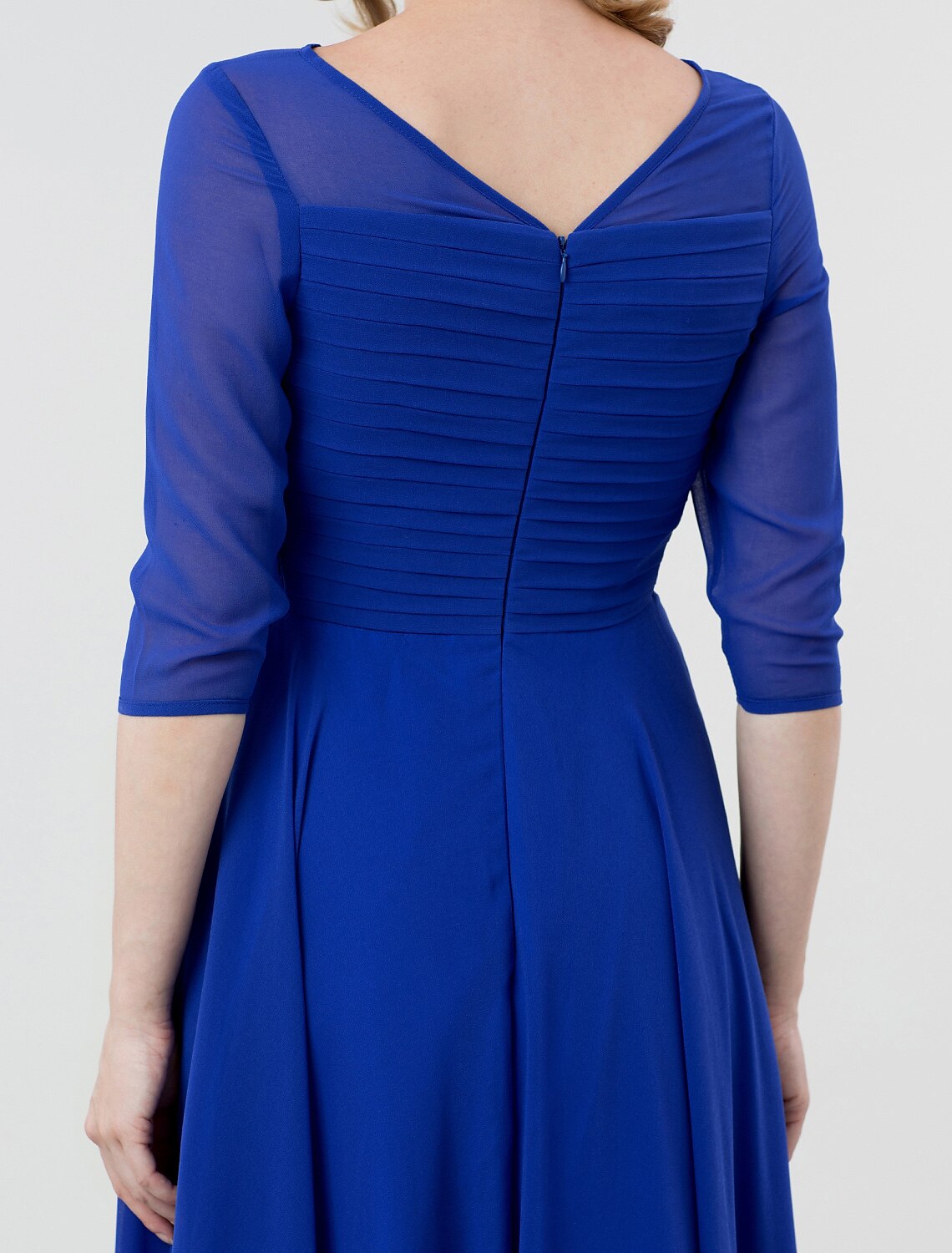 Wholesa A-Line Elegant Formal Evening Wedding Party Dress Boat Neck 3/4 Length Sleeve Tea Length Georgette with Ruched Crystal Brooch 2022 / Illusion Sleeve