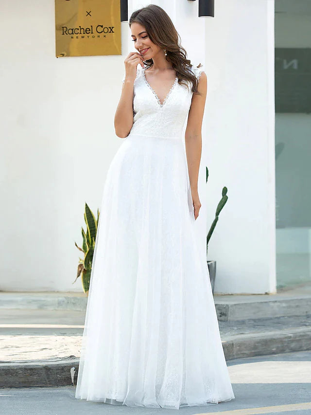 Wholesa Beach Wedding Dresses Floor Length A-Line Short Sleeve V Neck Lace With Lace
