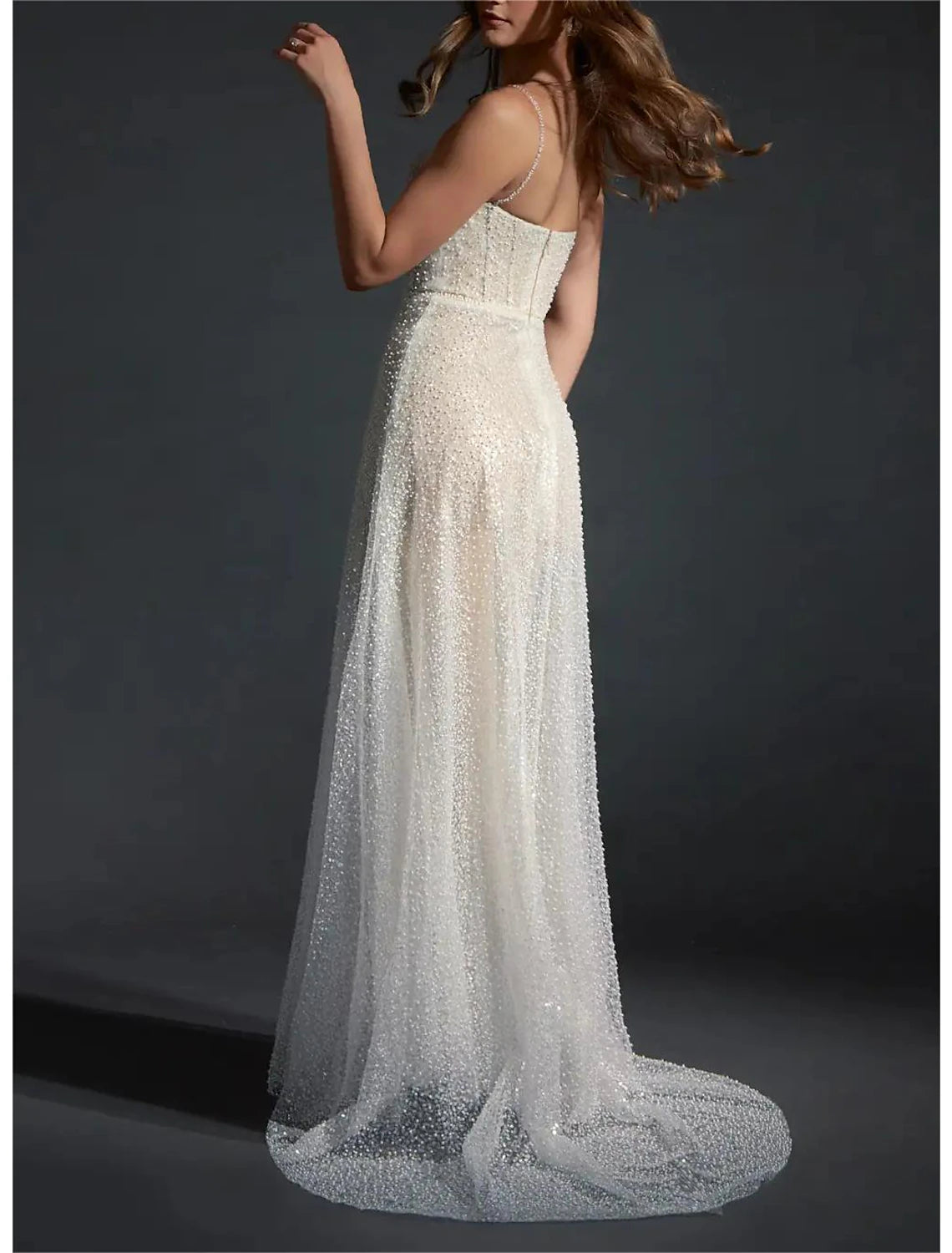 Wholesa Beach Boho Wedding Dresses Sheath / Column Camisole Sleeveless Sweep / Brush Train Sequined Bridal Gowns With Pearls Beading