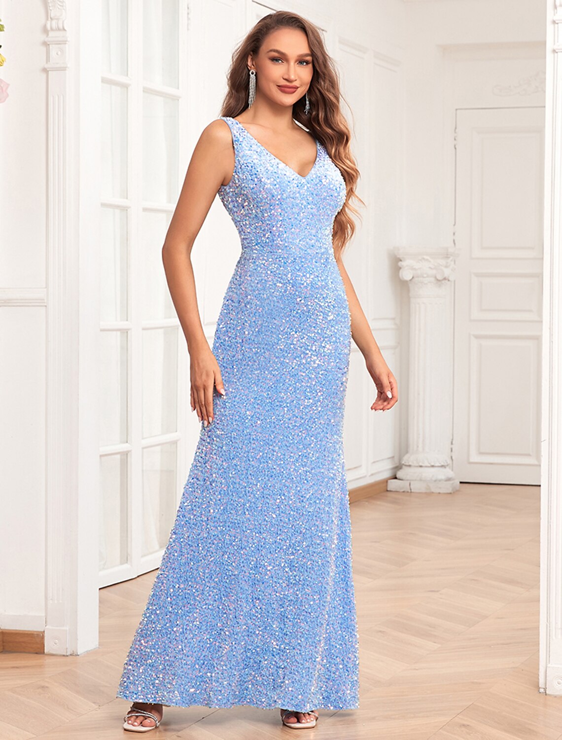 Wholesa Mermaid / Trumpet Evening Gown Elegant Dress Evening Party Prom Floor Length Sleeveless V Neck Bridesmaid Dress Sequined V Back with Sequin