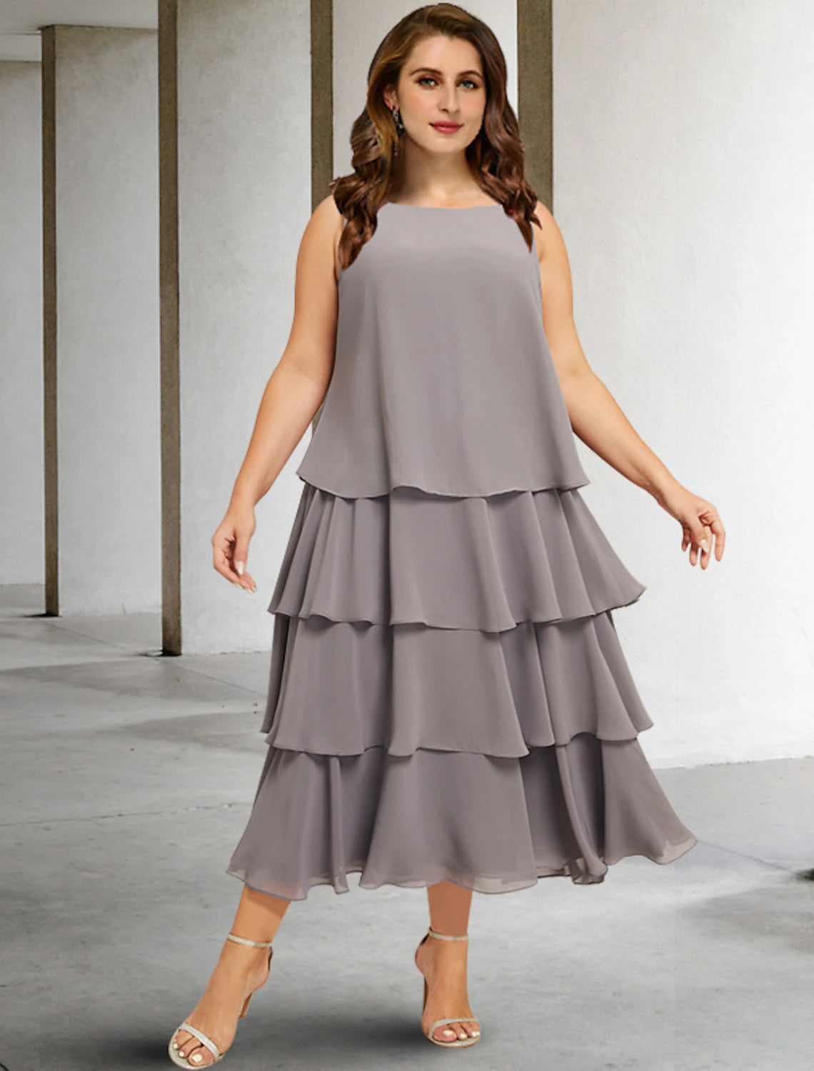 wholesale  Two Piece A-Line Mother of the Bride Dresses Plus Size Hide Belly Curve Elegant Dress Formal Tea Length Sleeveless Jewel Neck Chiffon with Ruffles Appliques