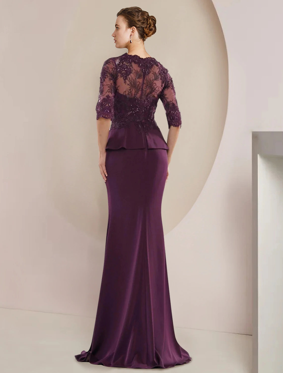 wholesale  Mermaid / Trumpet Mother of the Bride Dress Formal Wedding Guest Luxurious Elegant V Neck Floor Length Lace Stretch Chiffon Half Sleeve with Beading Ruffles Appliques