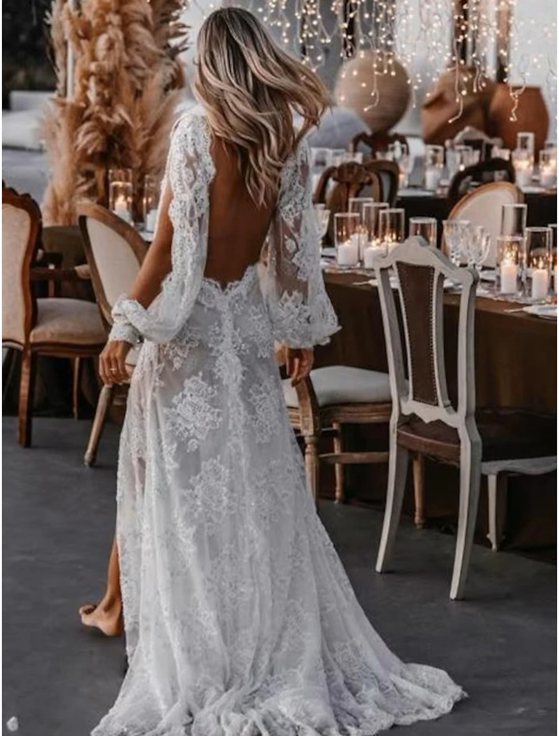 wholesale   Beach Sexy Boho Wedding Dresses A-Line V Neck Long Sleeve Sweep / Brush Train Lace Outdoor Bridal Gowns With Appliques Split Front Summer Fall Wedding Party