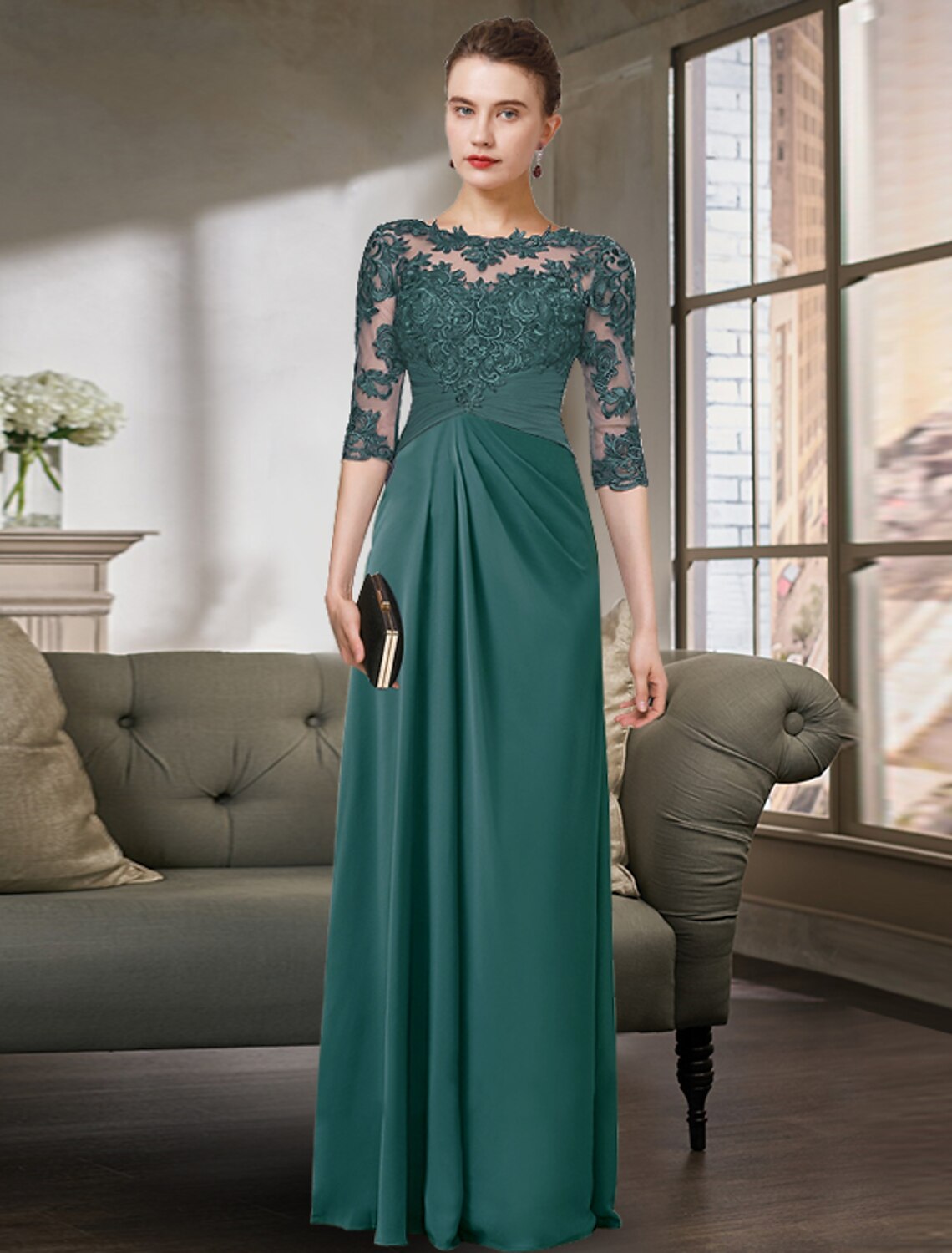 wholesale  Sheath / Column Mother of the Bride Dress Simple Elegant Jewel Neck Floor Length Chiffon Lace Half Sleeve with Pleats Solid Color