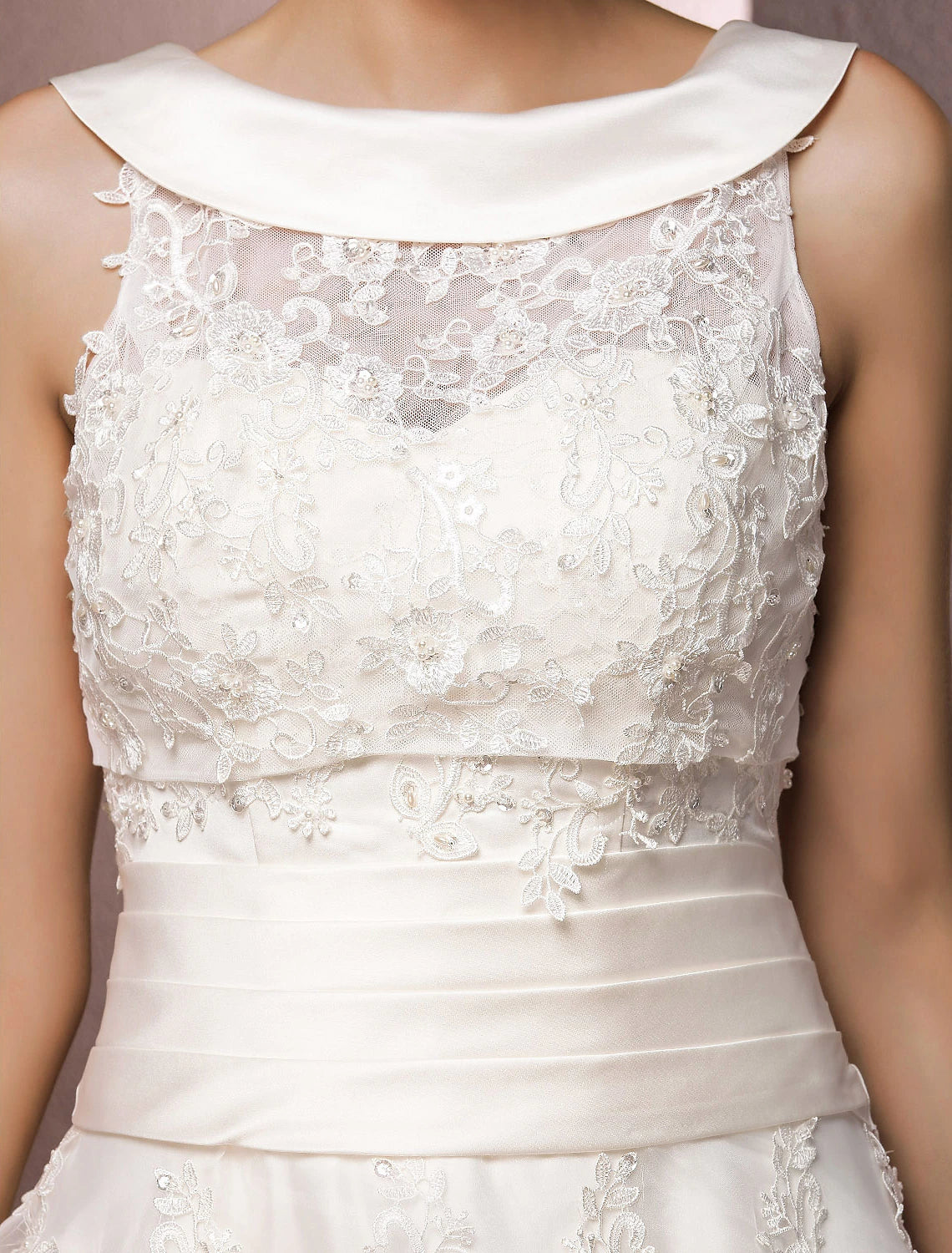 Wholesa Hall Wedding Dresses A-Line Illusion Neck Sleeveless Tea Length Lace Bridal Gowns With Pearl Beading