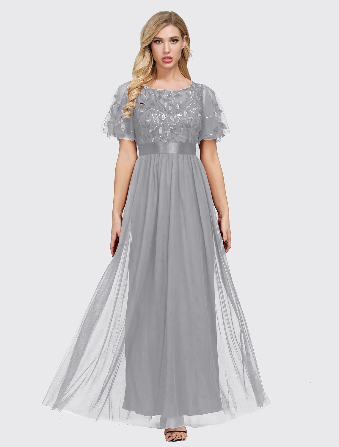 wholesa A-Line Empire Elegant Party Wear Prom Dress Jewel Neck Short Sleeve Floor Length Tulle with Embroidery / Illusion Sleeve