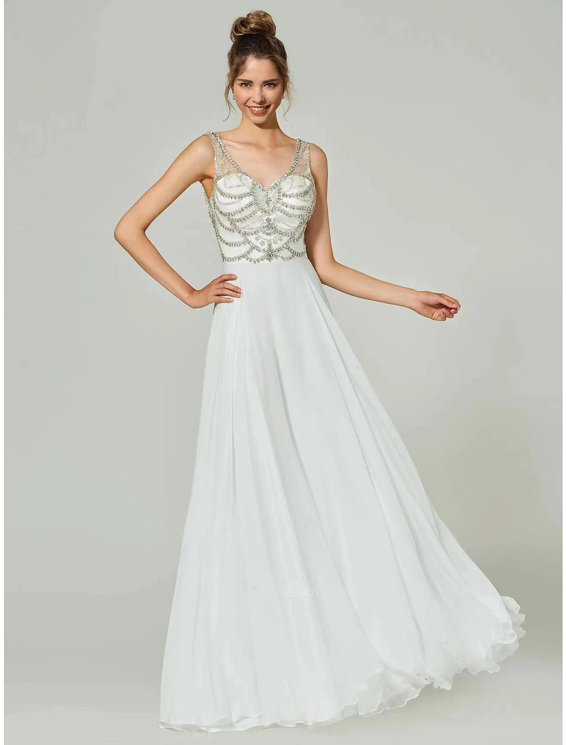 Wholesa A-Line Evening Gown Open Back Dress Formal Wedding Party Floor Length Sleeveless V Neck Chiffon with Rhinestone