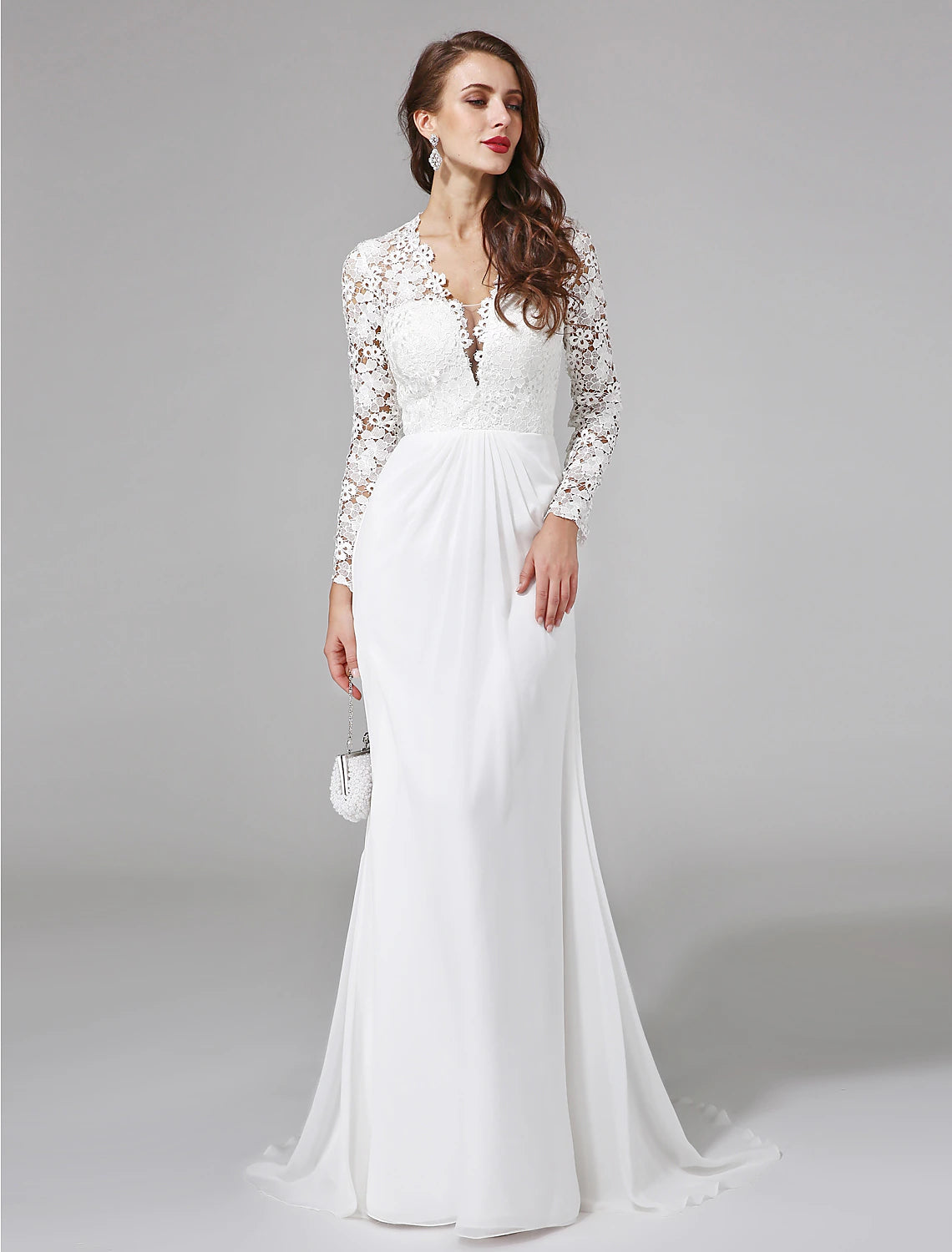 wholesale  Beach Royal Style Boho Wedding Dresses Sheath / Column Illusion Neck Long Sleeve Sweep / Brush Train Chiffon Bridal Gowns With Lace Button