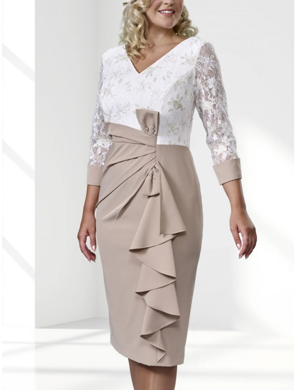 Wholesa A-Line Mother of the Bride Dress Wedding Guest Elegant Petite V Neck Knee Length Stretch Chiffon 3/4 Length Sleeve with Bow(s) Ruched Ruffles