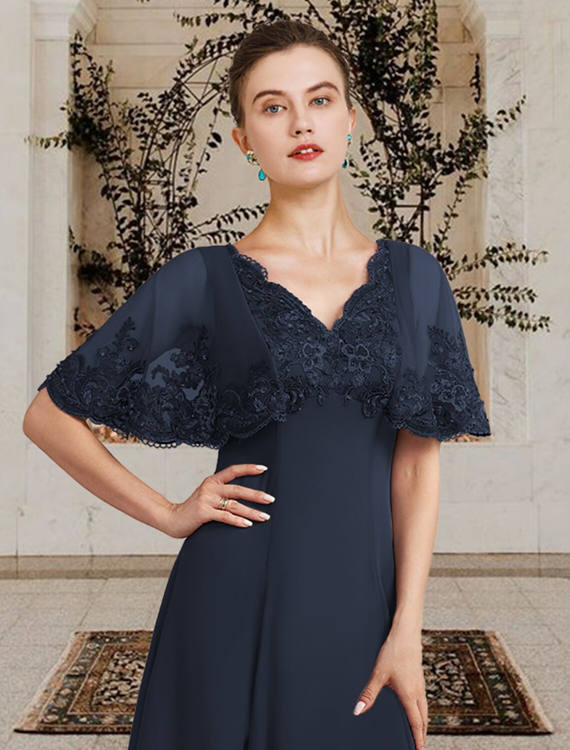 wholesale  A-Line Mother of the Bride Dress Plus Size Elegant High Low V Neck Asymmetrical Tea Length Chiffon Lace Sleeveless with Appliques