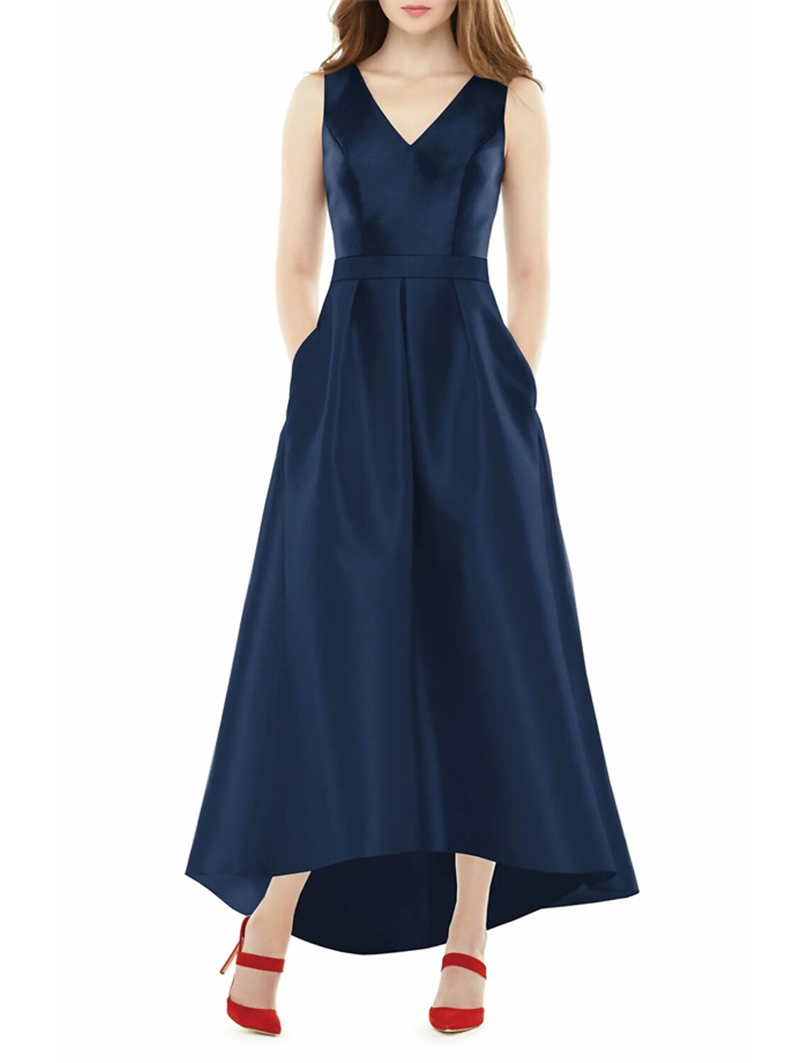 Wholesa A-Line Wedding Guest Dresses Elegant Dress Wedding Party Semi Formal Asymmetrical Sleeveless V Neck Pocket Satin with Fringe