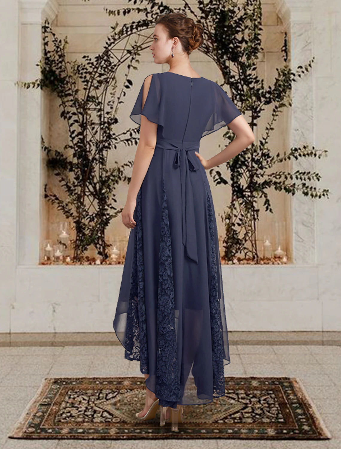 wholesale  A-Line Mother of the Bride Dress Plus Size Elegant High Low V Neck Asymmetrical Chiffon Lace Short Sleeve with Pleats Appliques