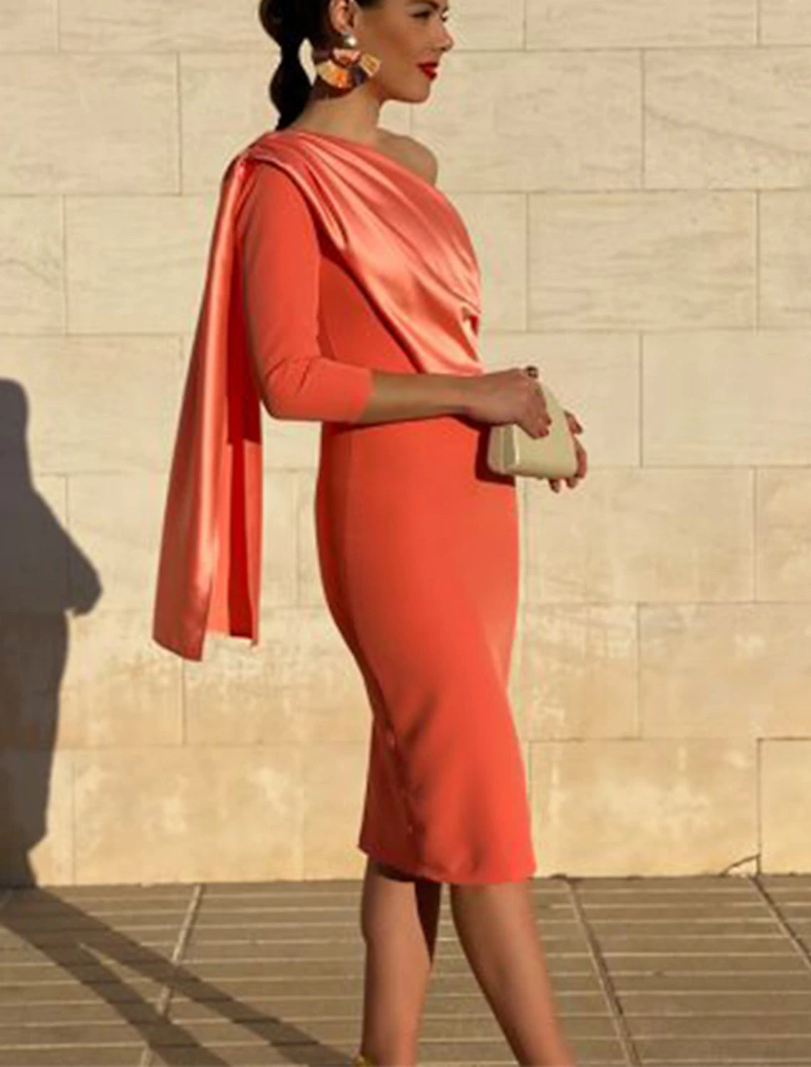 wholesale  Sheath / Column Cocktail Dresses Vintage Dress Fall Wedding Guest Dress Knee Length 3/4 Length Sleeve One Shoulder Stretch Fabric with Draping
