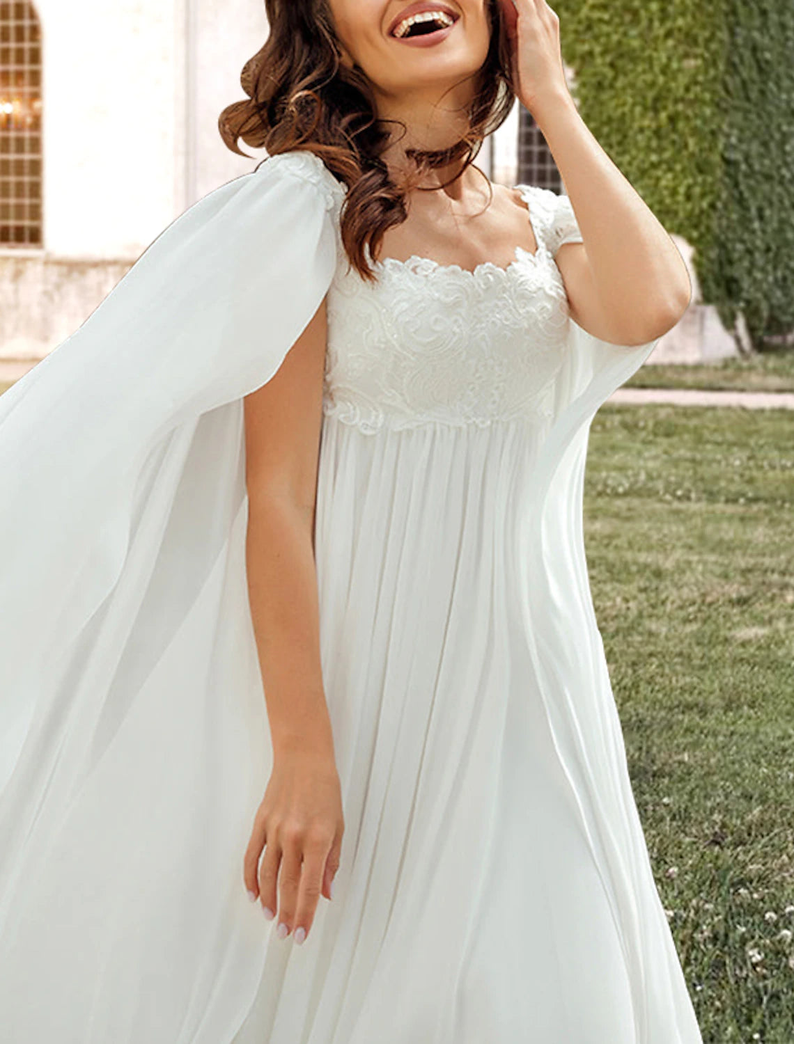 Wholesa  Hall Casual Wedding Dresses A-Line Square Neck Sleeveless Sweep / Brush Train Chiffon Bridal Gowns With Pleats Appliques