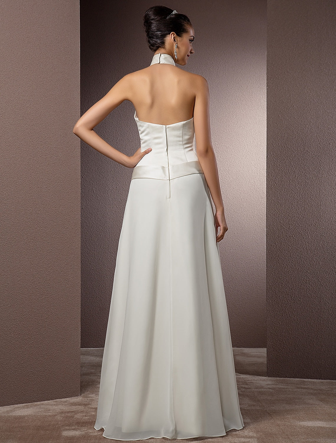 Wholesa  Hall Wedding Dresses Sheath / Column Halter Neck Sleeveless Floor Length Satin Bridal Gowns With Sash / Ribbon
