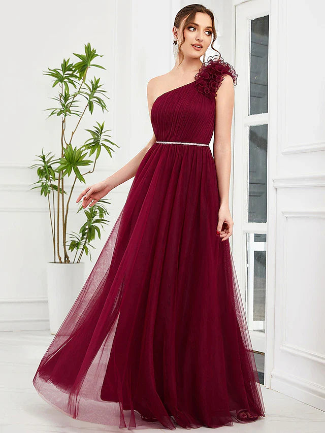 Wholesa A-Line Prom Dresses Vintage Dress Wedding Party Floor Length Sleeveless One Shoulder Tulle with Appliques