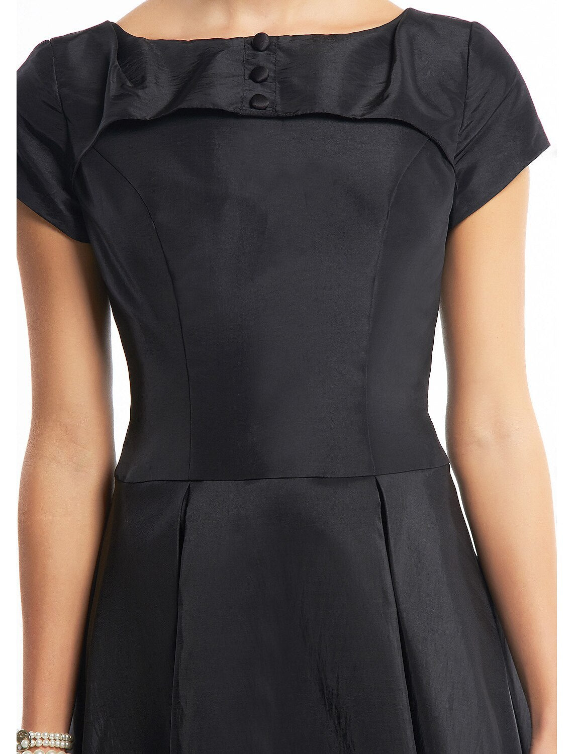 Wholesa  A-Line Black Dress Vintage Homecoming Wedding Guest Tea Length Short Sleeve Boat Neck Taffeta with Buttons