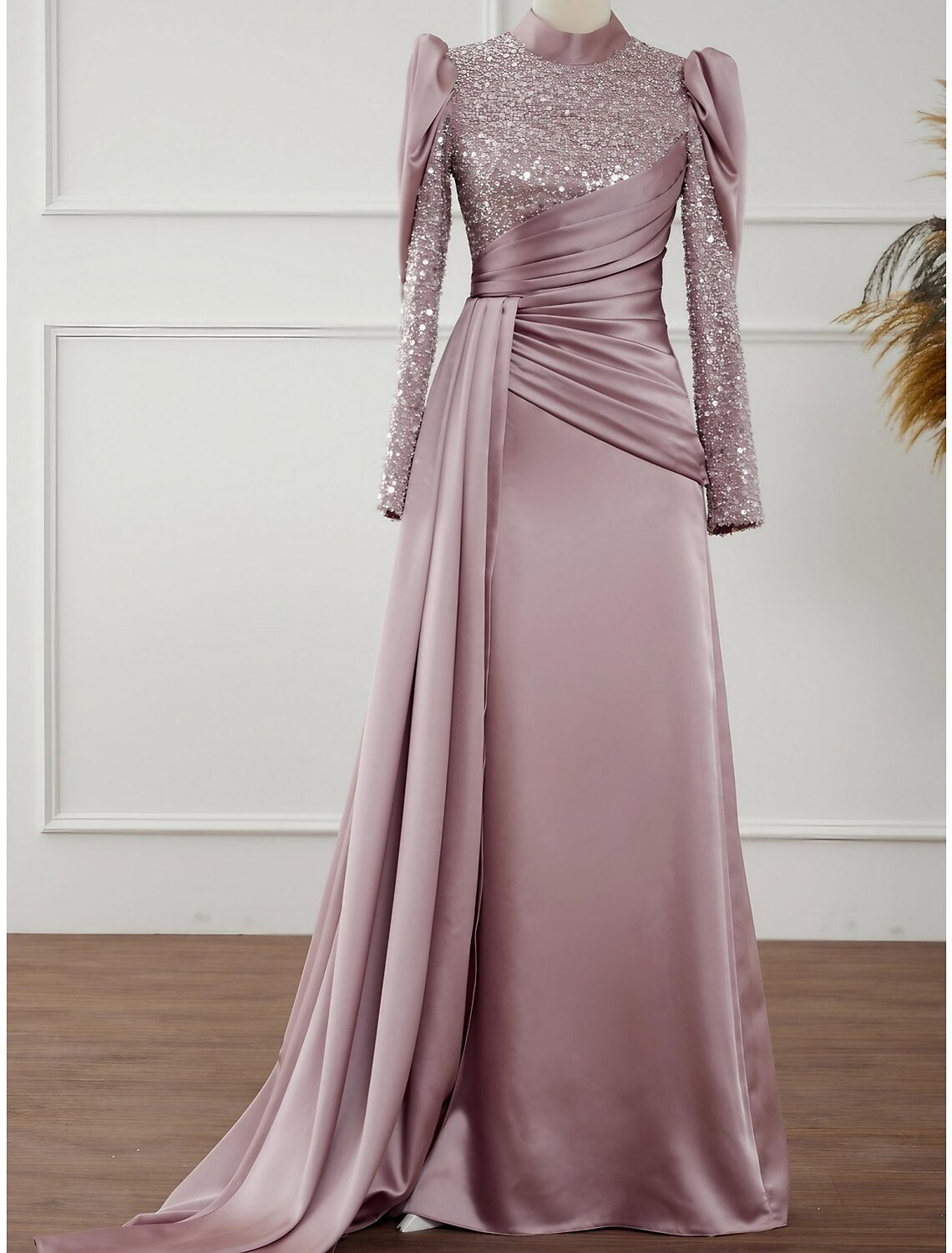 Wholesa  A-Line Evening Gown Sparkle & Shine Dress Formal Sweep / Brush Train Long Sleeve Jewel Neck Satin with Glitter Pleats Ruched