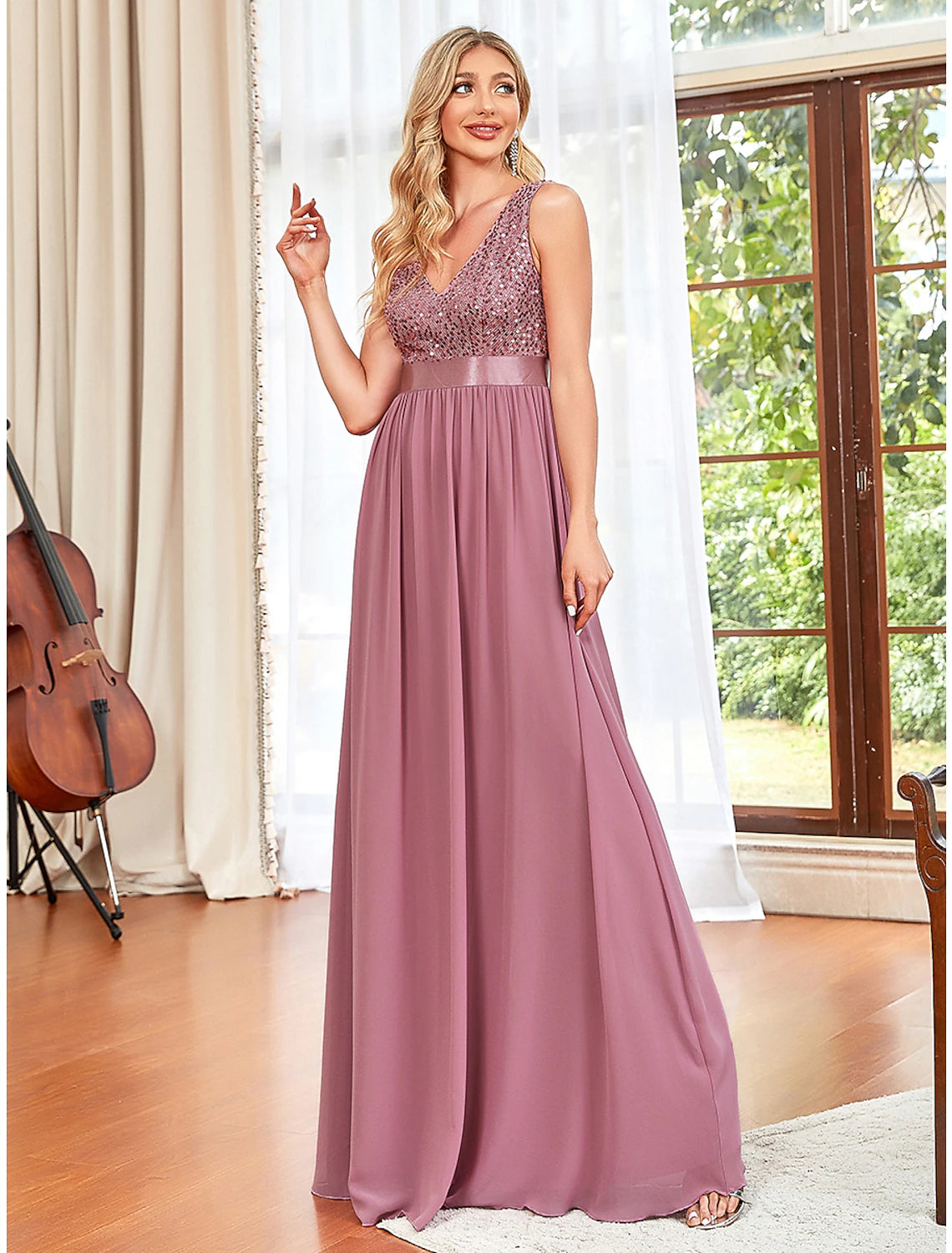 Wholesa A-Line Prom Dresses Sparkle & Shine Dress Wedding Guest Prom Floor Length Sleeveless V Neck Chiffon V Back with Draping Pure Color