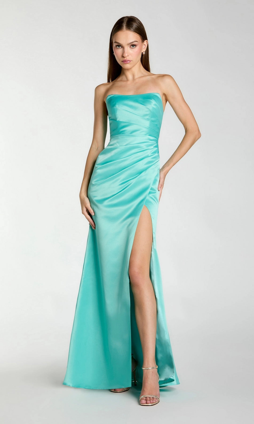 Satin Mermaid Strapless Tube Open Back Slit Maxi Bridesmaid Prom Gown