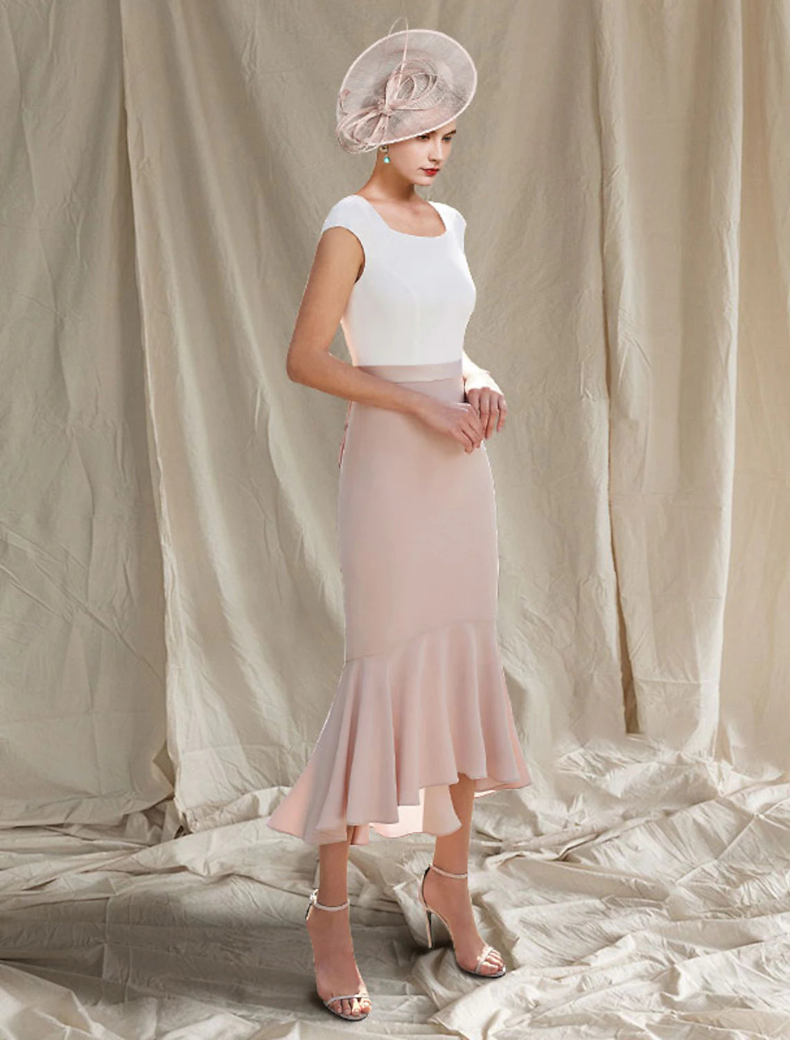 wholesale  Two Piece Mermaid / Trumpet Mother of the Bride Dress Church Elegant High Low Square Neck Asymmetrical Tea Length Stretch Chiffon Sleeveless Short Jacket Dresses with Pearls Beading