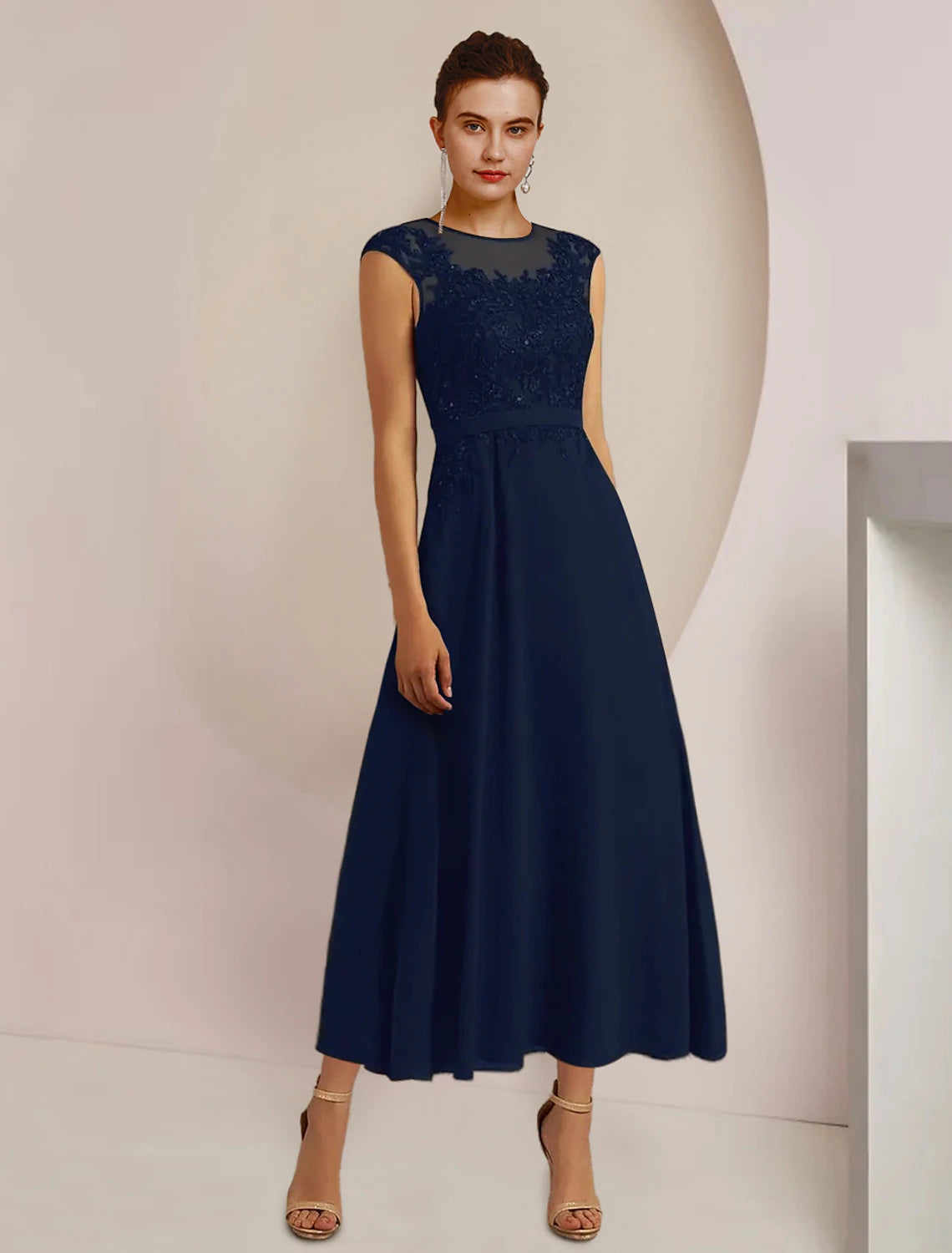 wholesale  Two Piece A-Line Mother of the Bride Dress Formal Wedding Guest Elegant Scoop Neck Tea Length Chiffon Lace 3/4 Length Sleeve Jacket Dresses with Sash / Ribbon Appliques