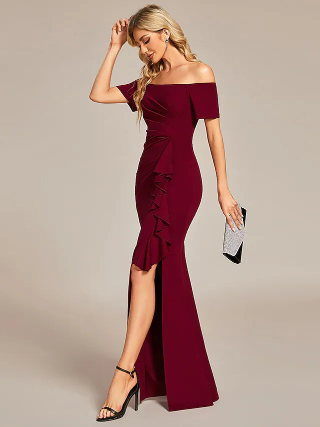 Wholesa Prom Dress Wedding Guest Dress Long Black Wine Short Sleeve Pure Color Ruched Summer Spring Fall Off Shoulder