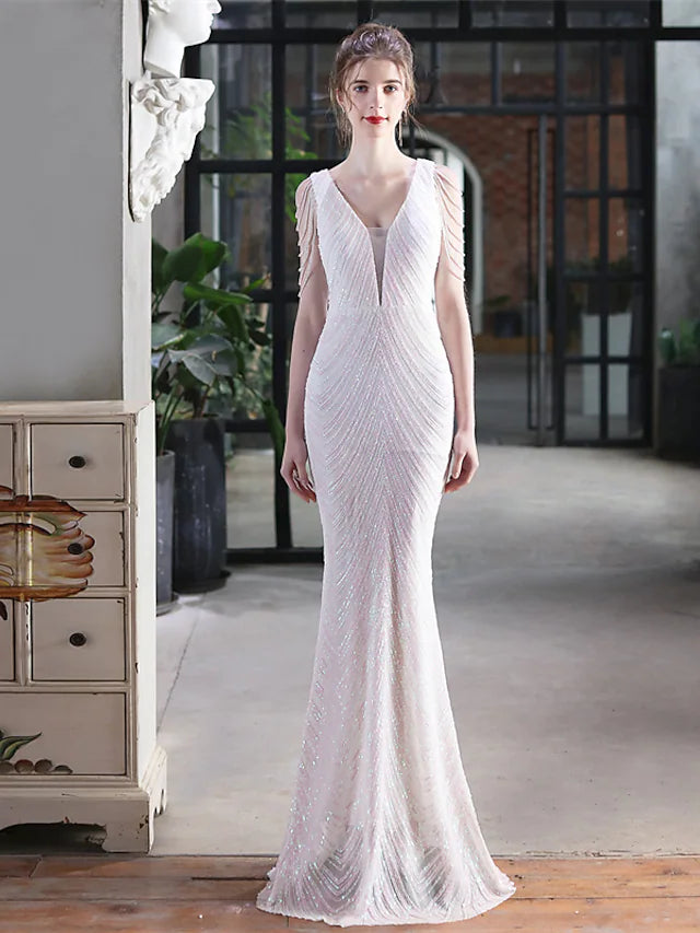 Wholesa Mermaid / Trumpet Evening Gown Sexy Dress Formal Floor Length Sleeveless V Neck Sequined with Sequin Tassel