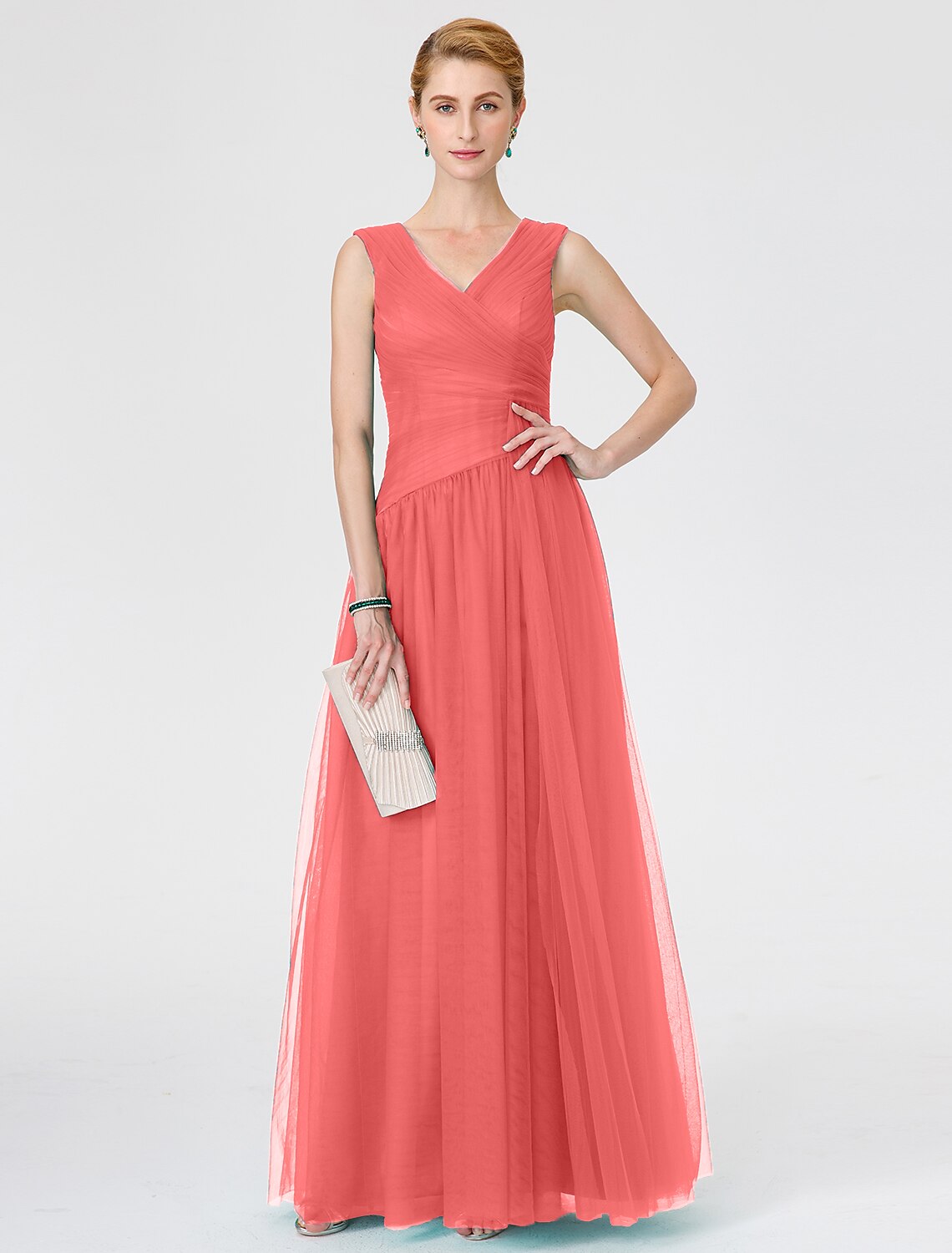 wholesale  Princess Mother of the Bride Dress Elegant V Neck Floor Length Tulle Sleeveless No with Criss Cross Ruched