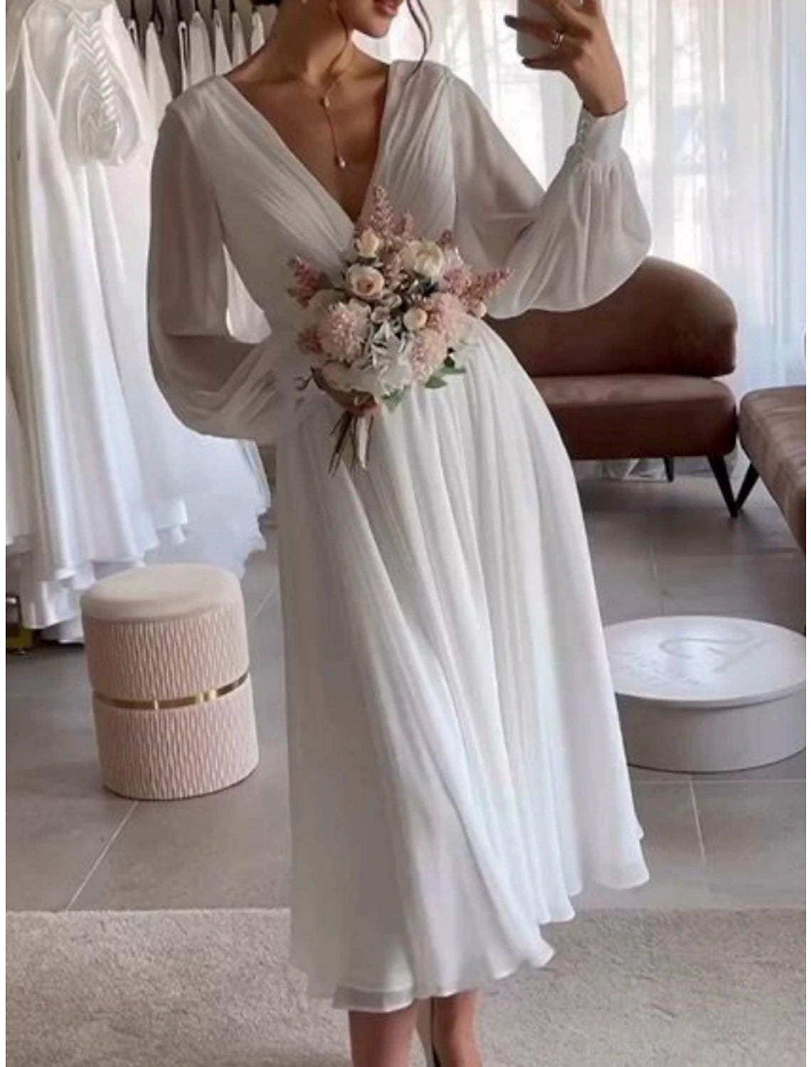 Wholesa  Little White Dresses Wedding Dresses A-Line V Neck Long Sleeve Tea Length Chiffon Bridal Gowns With Pleats Solid Color