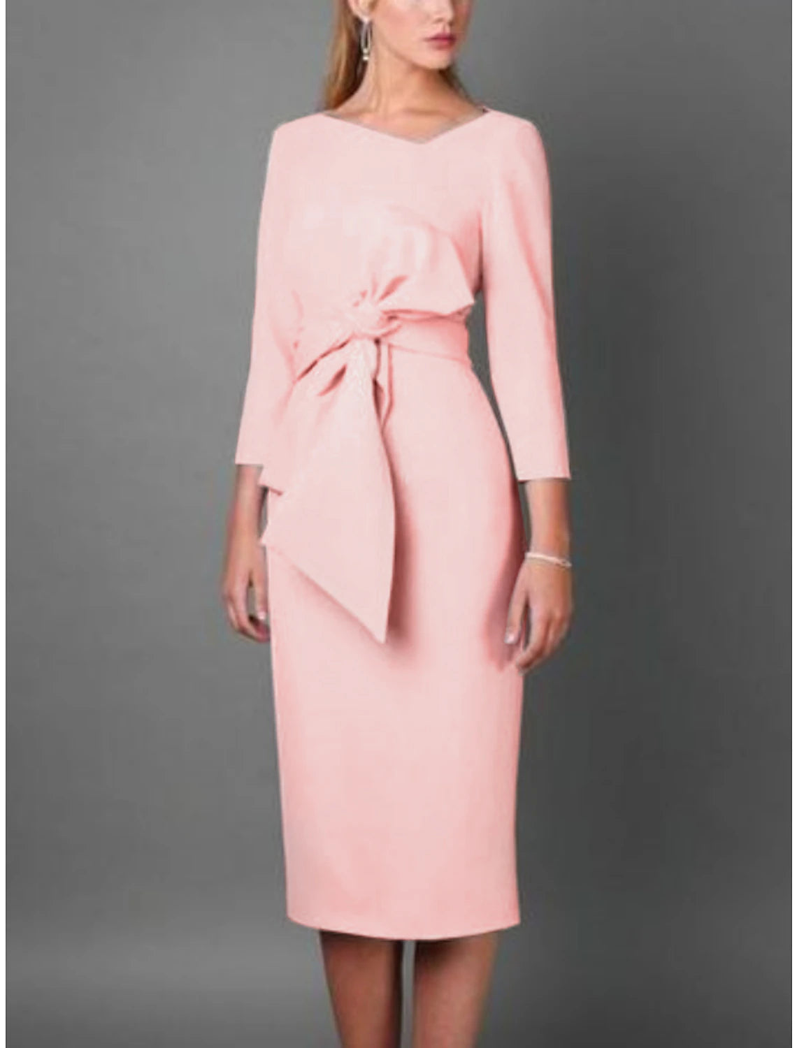Wholesa Sheath / Column Mother of the Bride Dress Petite Sweet Scoop Neck Tea Length Stretch Fabric 3/4 Length Sleeve with Bow(s)