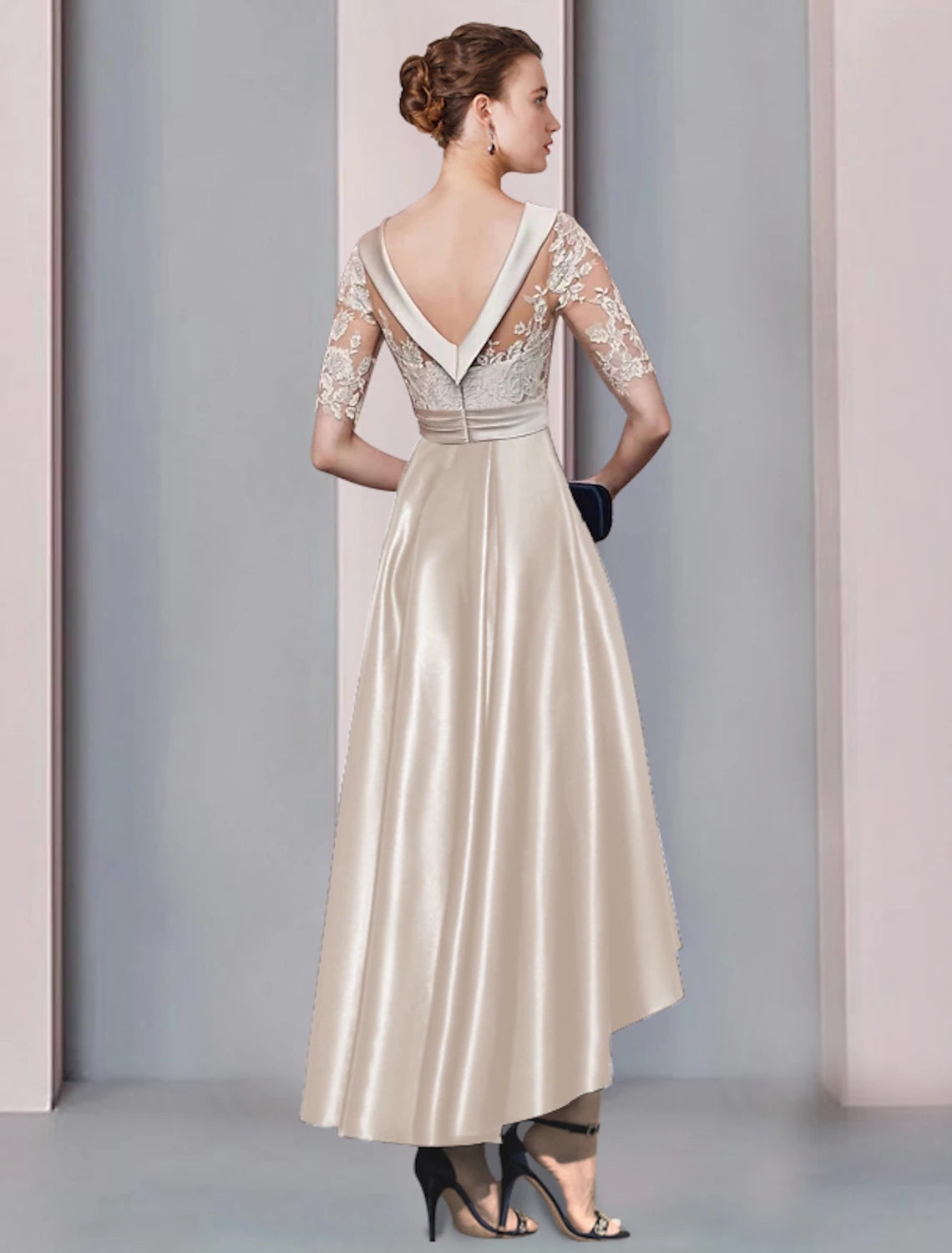 wholesale  A-Line Mother of the Bride Dress Wedding Guest Elegant High Low Scoop Neck Asymmetrical Tea Length Satin Lace Half Sleeve with Appliques