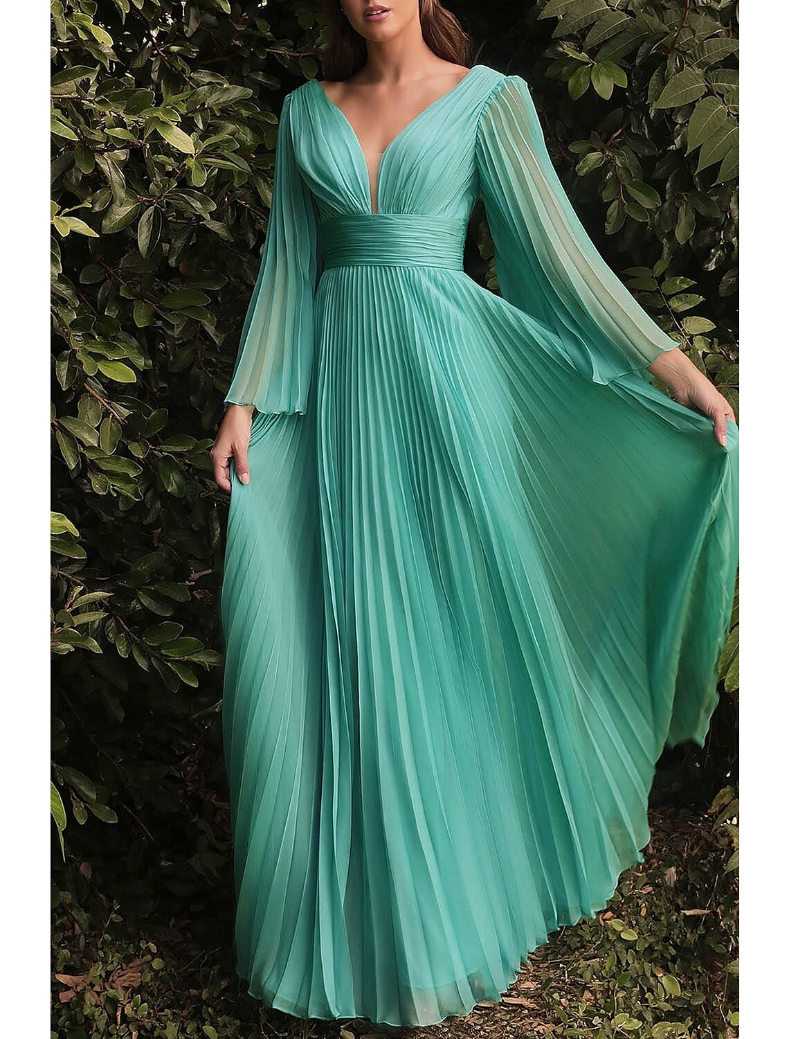 Wholesa Sheath / Column Wedding Guest Dresses Elegant Dress Wedding Guest Floor Length Long Sleeve V Neck Chiffon with Pleats Ruched