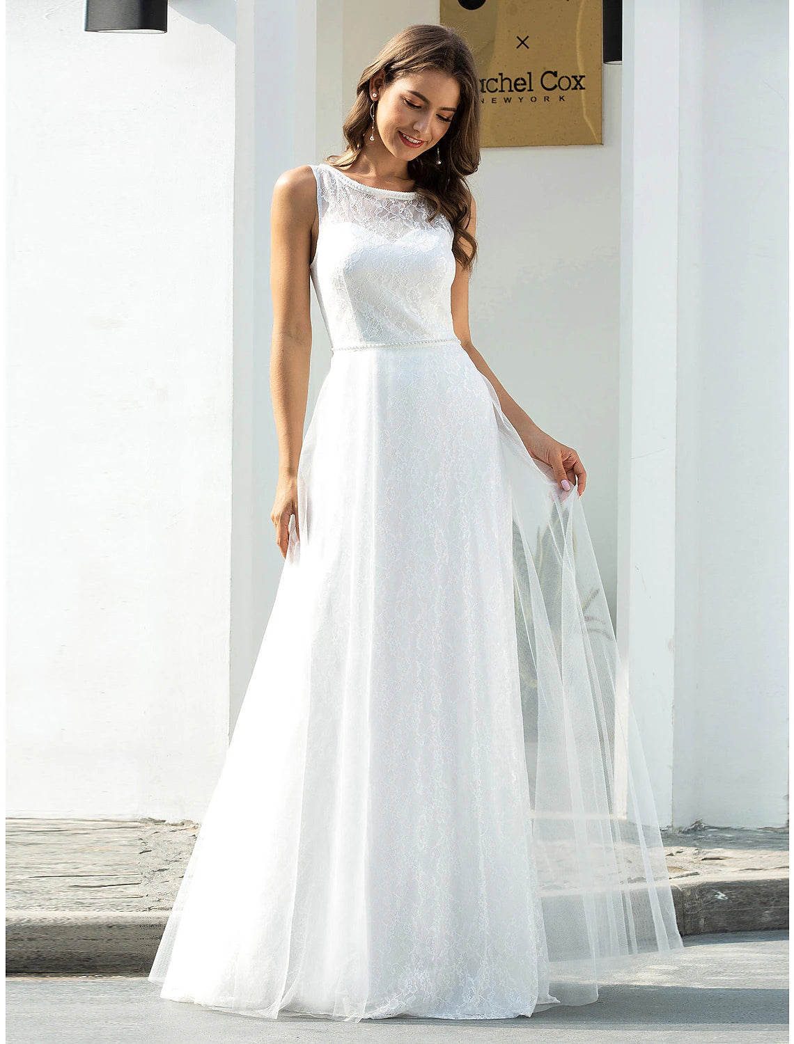 wholesale  Beach Wedding Dresses A-Line Scoop Neck Sleeveless Floor Length Lace Bridal Gowns With Lace
