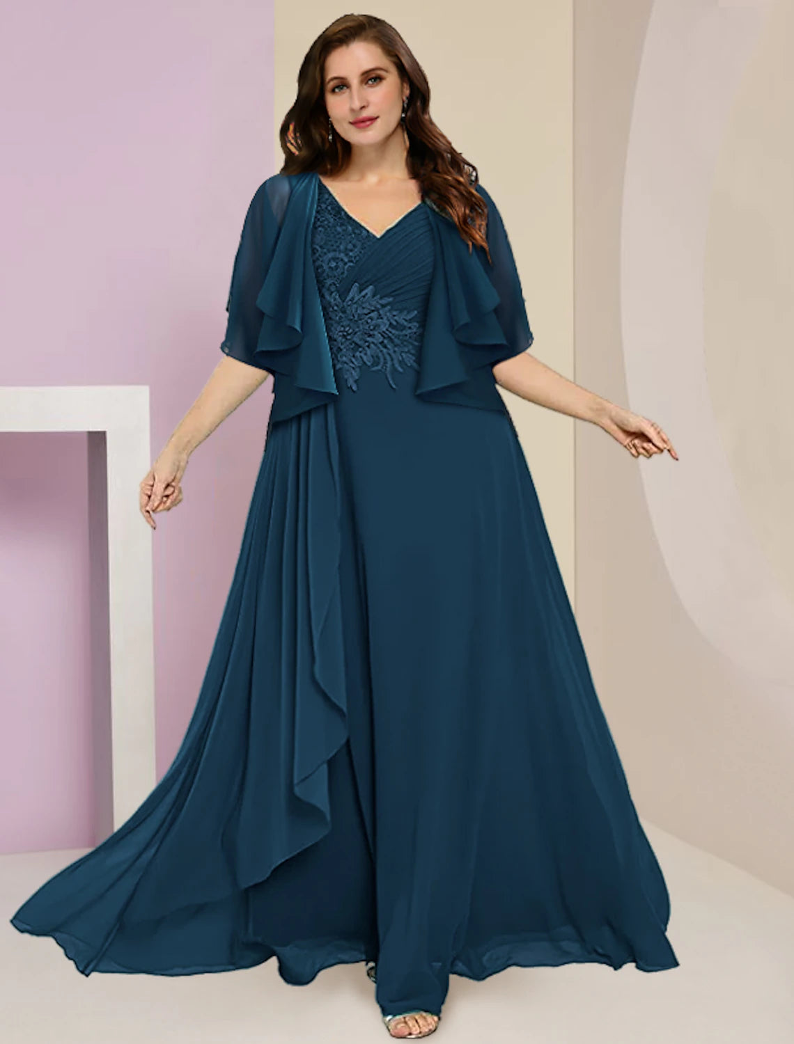 wholesale  Two Piece A-Line Mother of the Bride Dress Formal Wedding Guest Plus Size Hide Belly Elegant V Neck Floor Length Chiffon Lace Sleeveless with Ruched Appliques