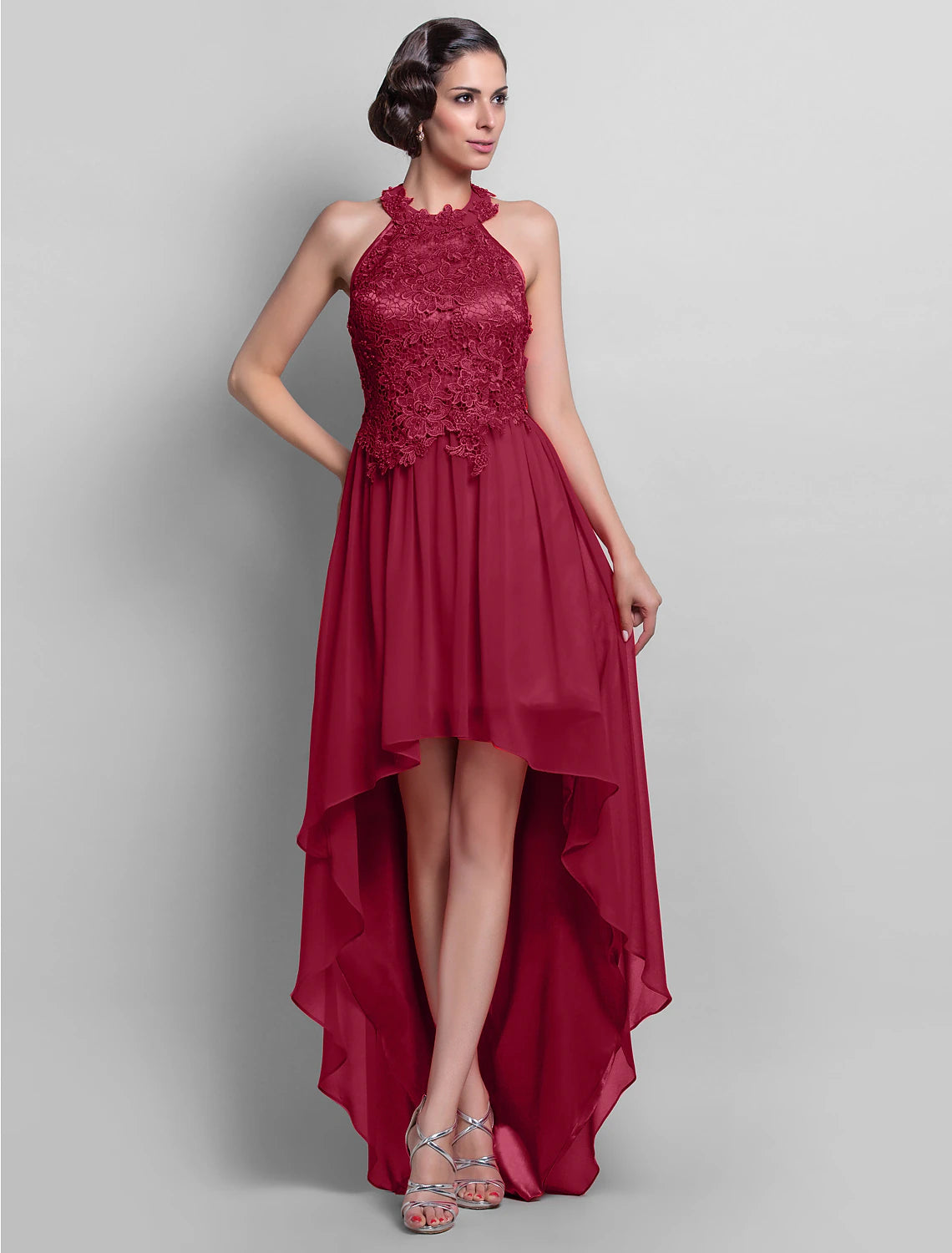 wholesa Sheath / Column Open Back Dress Wedding Guest Cocktail Party Asymmetrical Sleeveless Halter Neck Chiffon Backless with Appliques