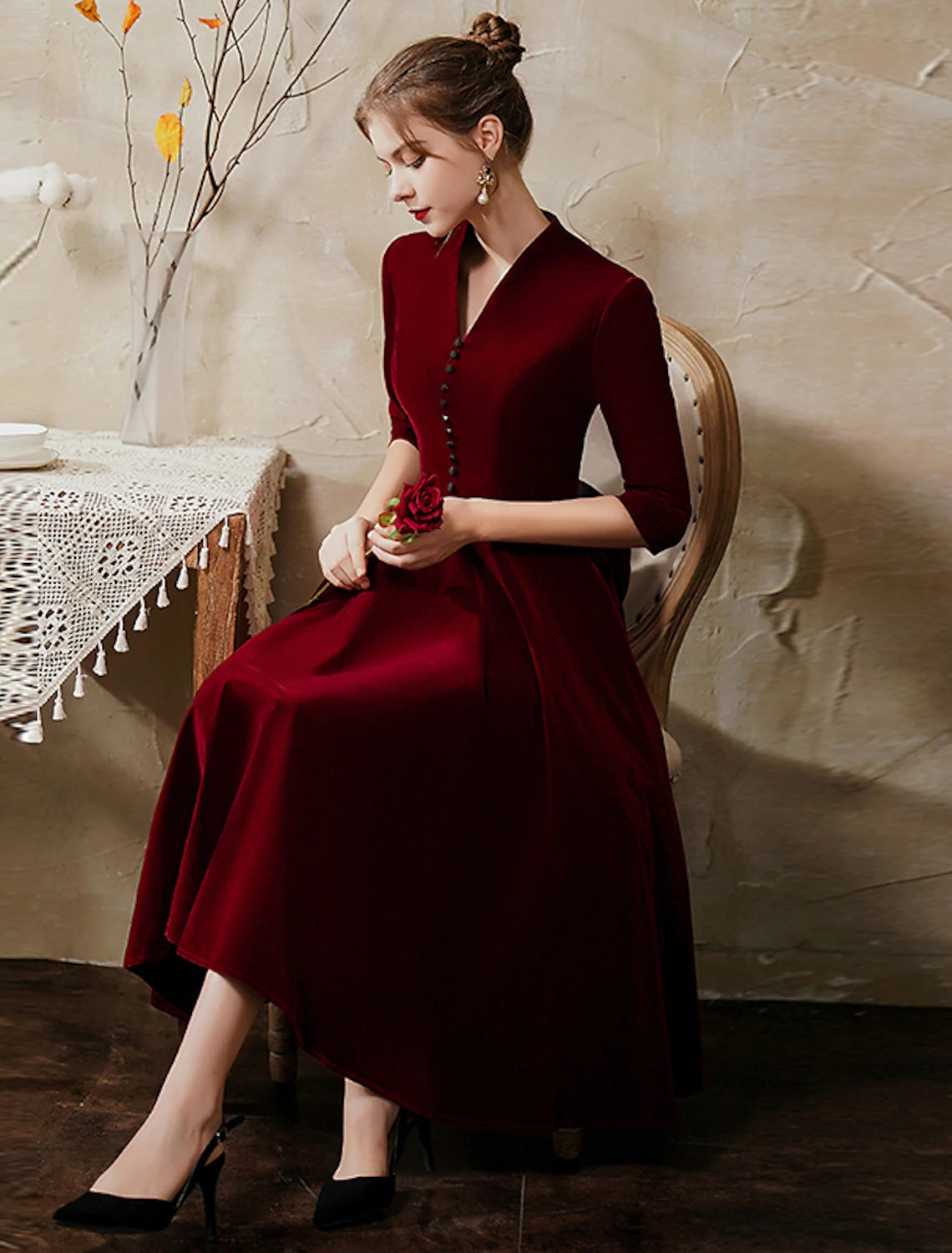 Wholesa A-Line Cocktail Dresses Vintage Dress Wedding Guest Party Wear Tea Length Half Sleeve V Neck Fall Wedding Guest Velvet with Sleek