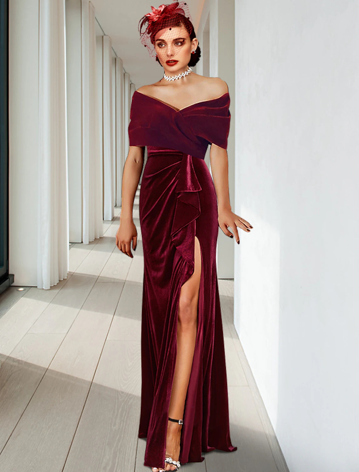 Wholesa Sheath / Column Evening Gown Elegant Dress Wedding Guest Cocktail Party Floor Length Sleeveless V Neck Velvet with Pleats Ruffles