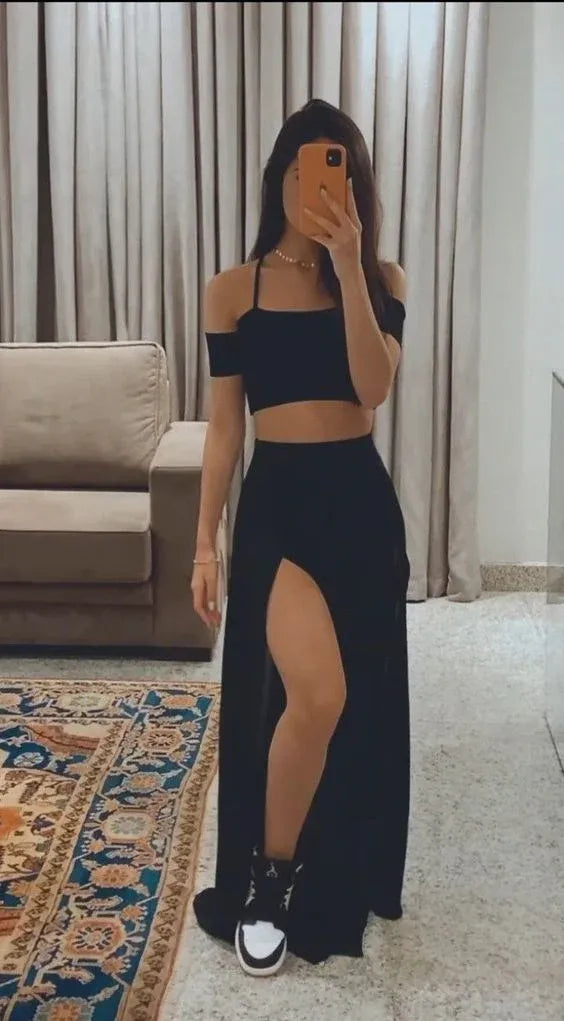 Two‑Piece Black‑Crepe Off‑Shoulder Crop‑Top High‑Slit Maxi‑Skirt Prom Dress