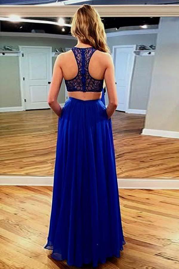 Wholesa Two Piece Floor-Length Chiffon Royal Blue Prom Dress with Lace Pockets
