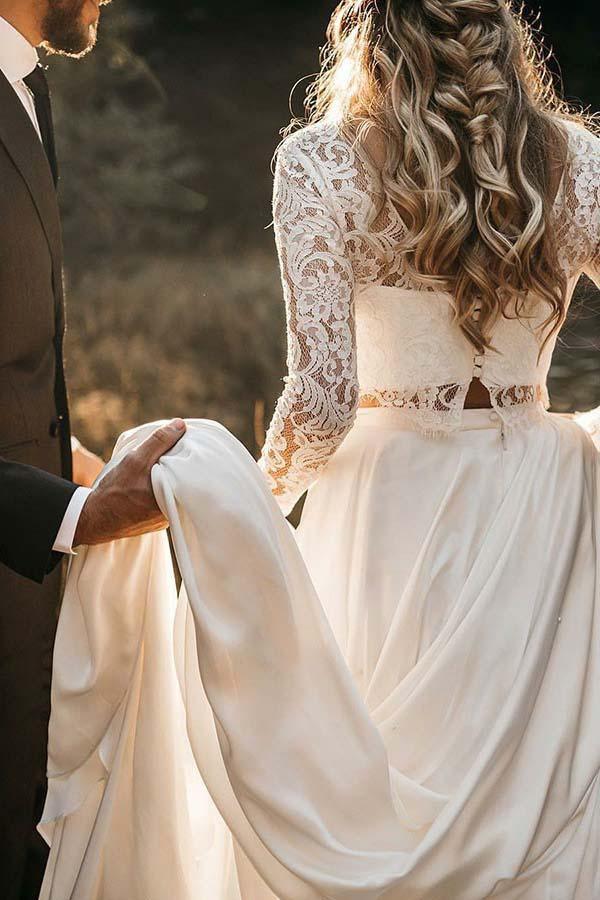 Wholesa Two Piece Round Neck Lace Top Chiffon Iovry Wedding Dresses with Long Sleeves