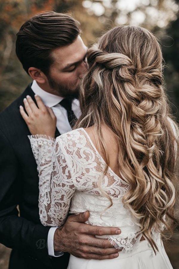 Wholesa Two Piece Round Neck Lace Top Chiffon Iovry Wedding Dresses with Long Sleeves