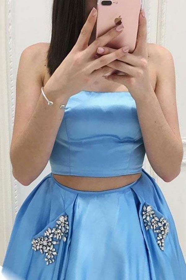 Wholesa Two Piece Strapless Sweep Train Blue Satin Prom Dresses with Pockets