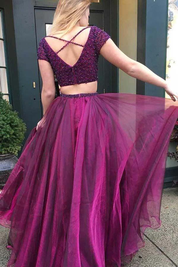 Wholesa Two Piece V-Neck Short Sleeves Purple Tulle Prom Dress with Beading
