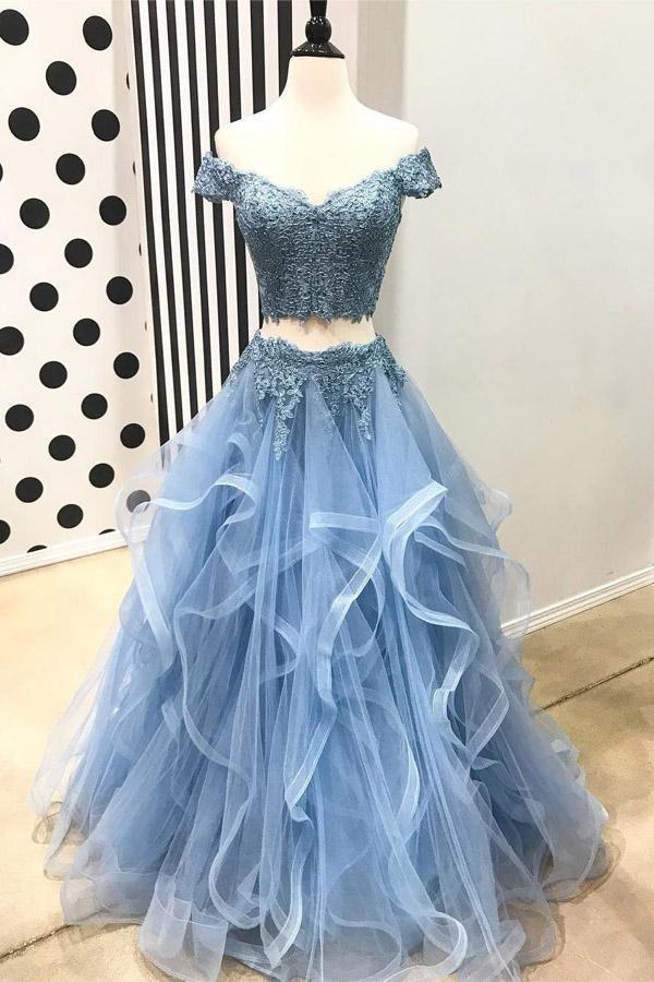 Wholesa Two Pieces Off Shoulder Short Sleeve Lace Light Blue Prom Dress