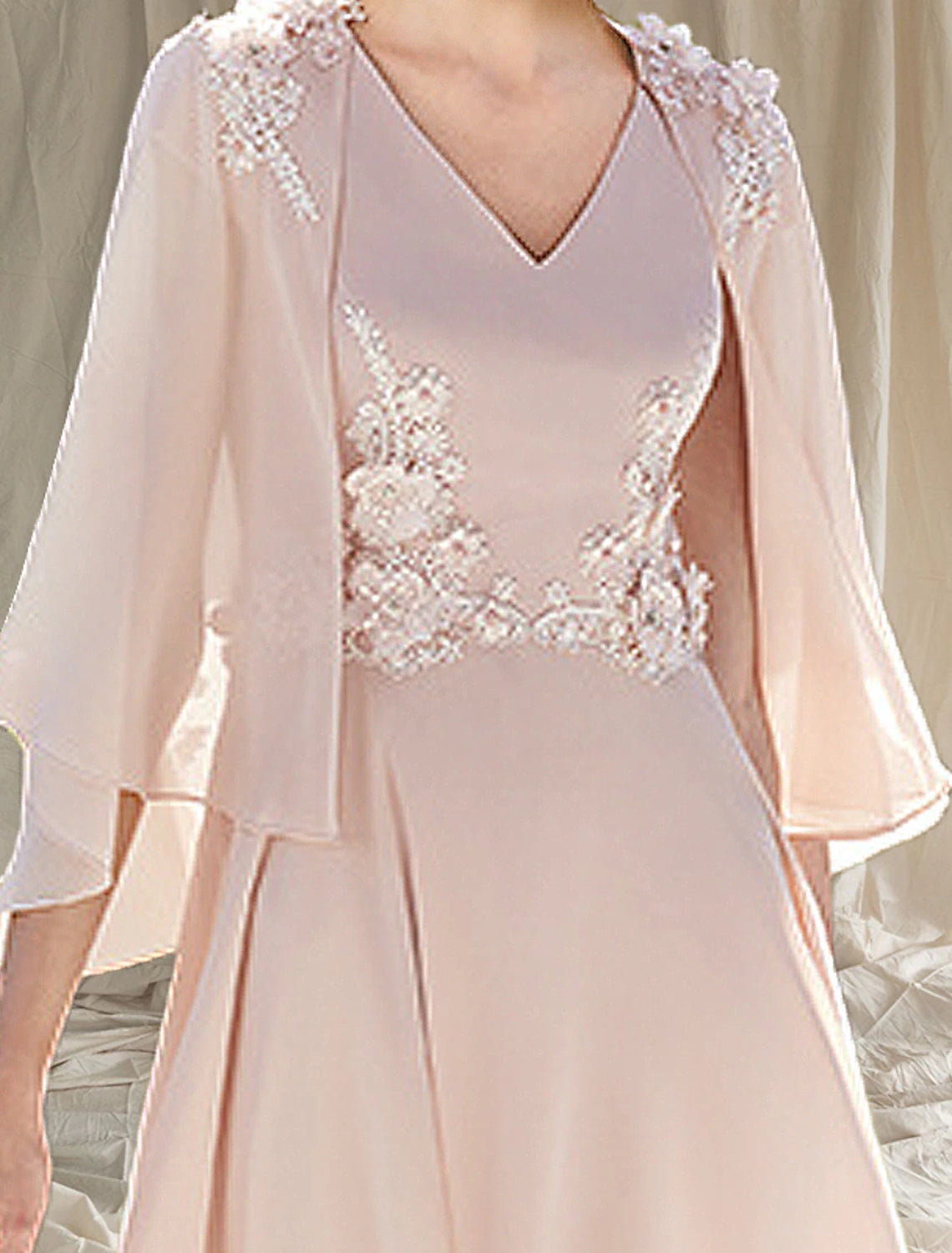 wholesale  Two Piece A-Line Mother of the Bride Dress Wedding Guest Church Elegant V Neck Tea Length Chiffon Sleeveless Wrap Included with Appliques