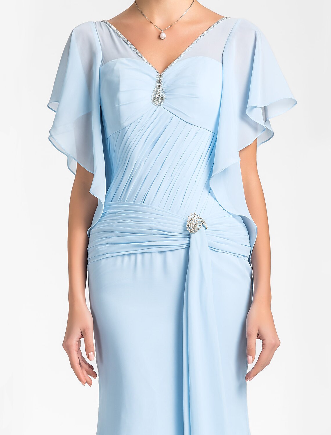 wholesale Mermaid / Trumpet Mother of the Bride Dress Vintage Inspired V Neck Floor Length Chiffon Short Sleeve with Beading Side Draping Crystal Brooch