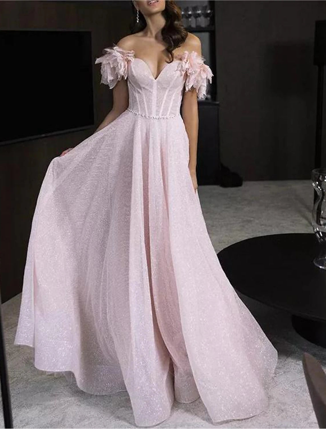 Wholesa  A-Line Prom Dresses Glittering Dress Prom Birthday Floor Length Sleeveless Off Shoulder Tulle with Glitter Crystals